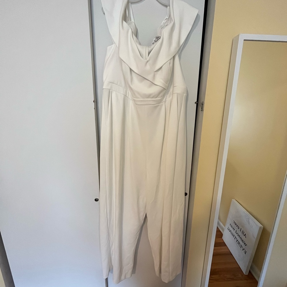 David’s Bridal Off Shoulder Wide Leg Jumpsuit with Belt